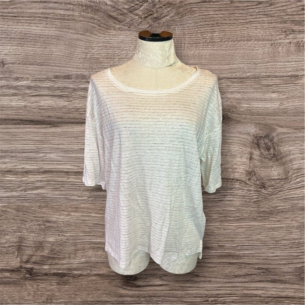 Nicole Miller 100% Linen Short Sleeve T-Shirt Short Sleeve NWT M White Striped